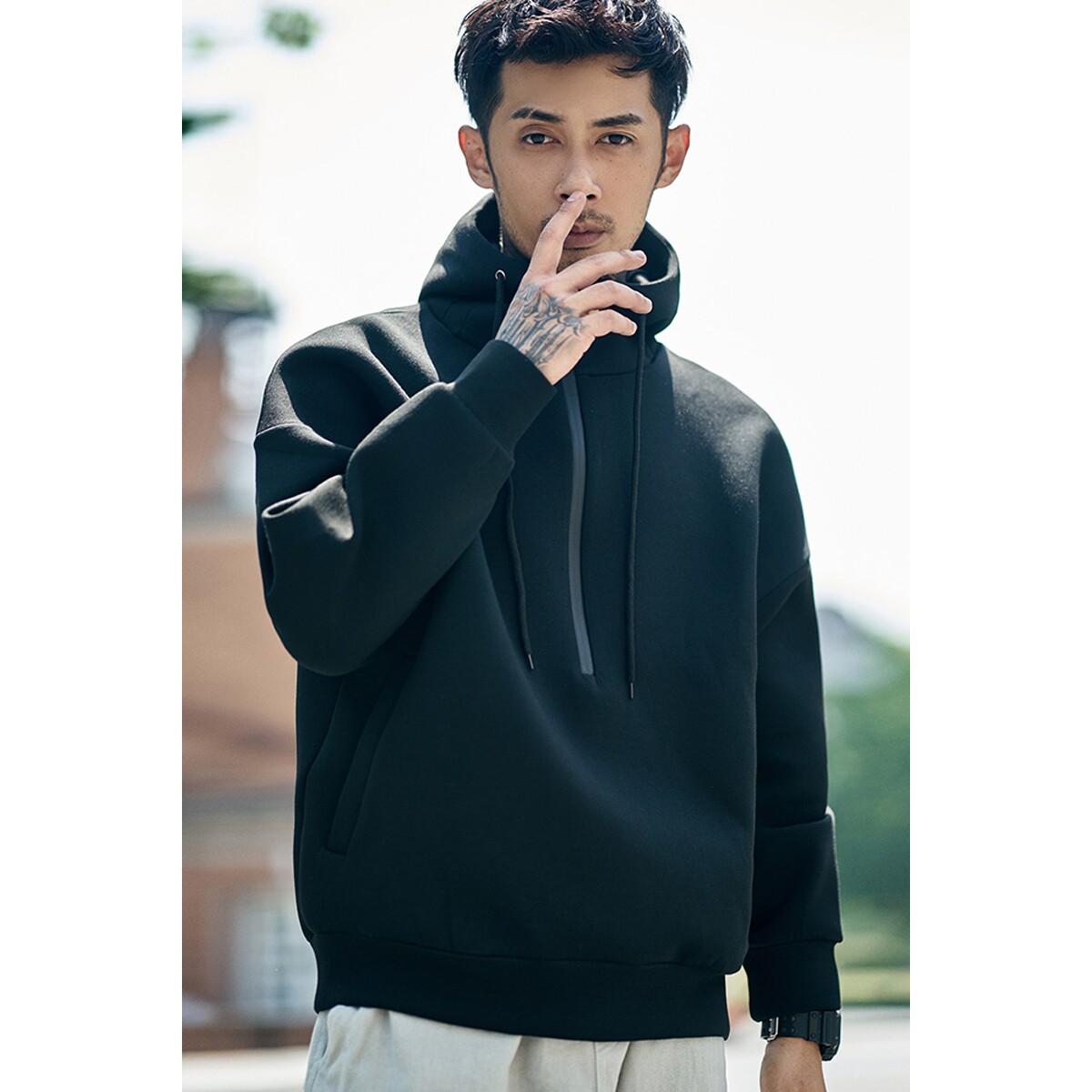 仓树一石太空棉卫衣男连帽半拉链2023春秋款美式复古高街宽松外套