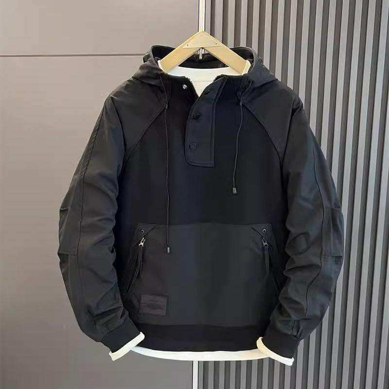 仓树一石潮牌秋冬季黑色连帽卫衣男高端时尚休闲拼接加绒重磅上衣