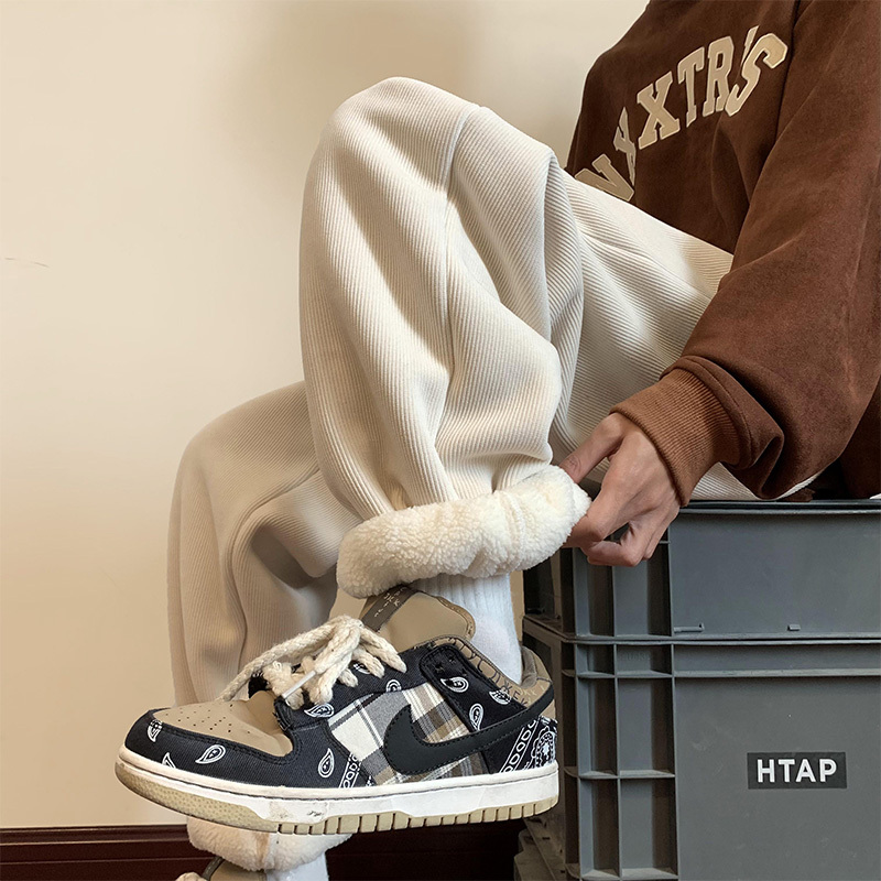 仓树一石潮牌羊羔绒裤子男冬季加绒加厚保暖宽松束脚休闲运动长裤