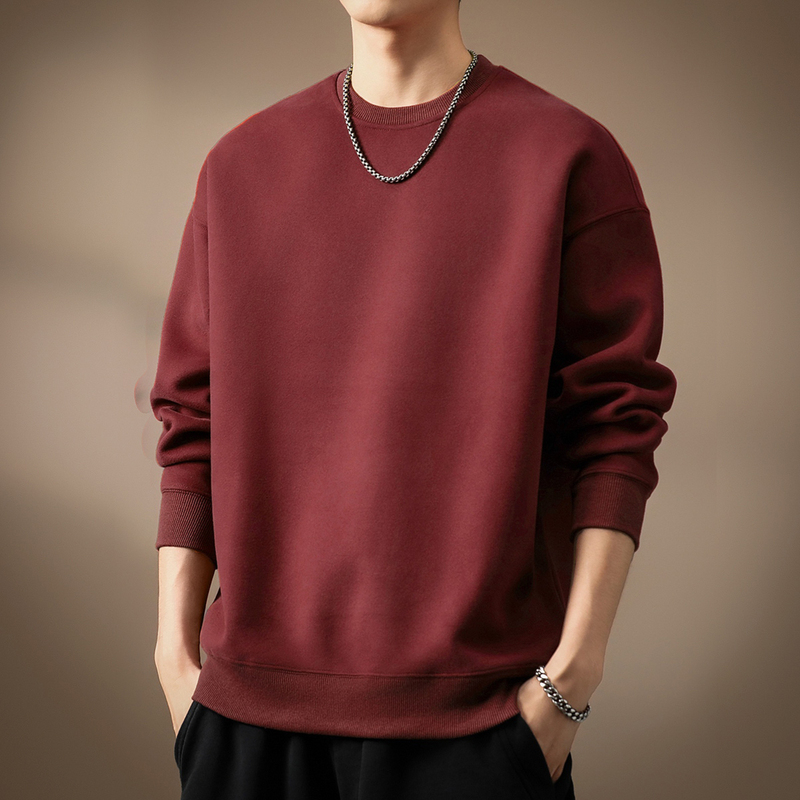 仓树一石潮牌枣红色圆领卫衣男秋冬新款宽松纯棉重磅长袖休闲外套