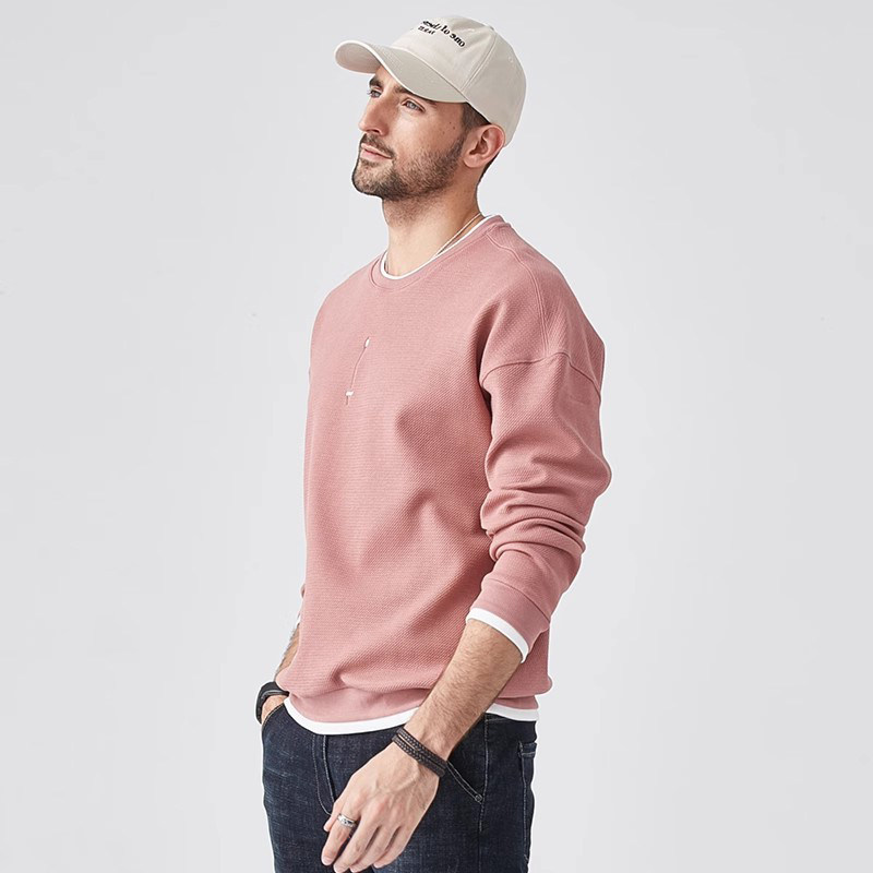 潮牌2025新款春秋重磅高级感宽松刺绣假两件卫衣男款长袖打底衫男