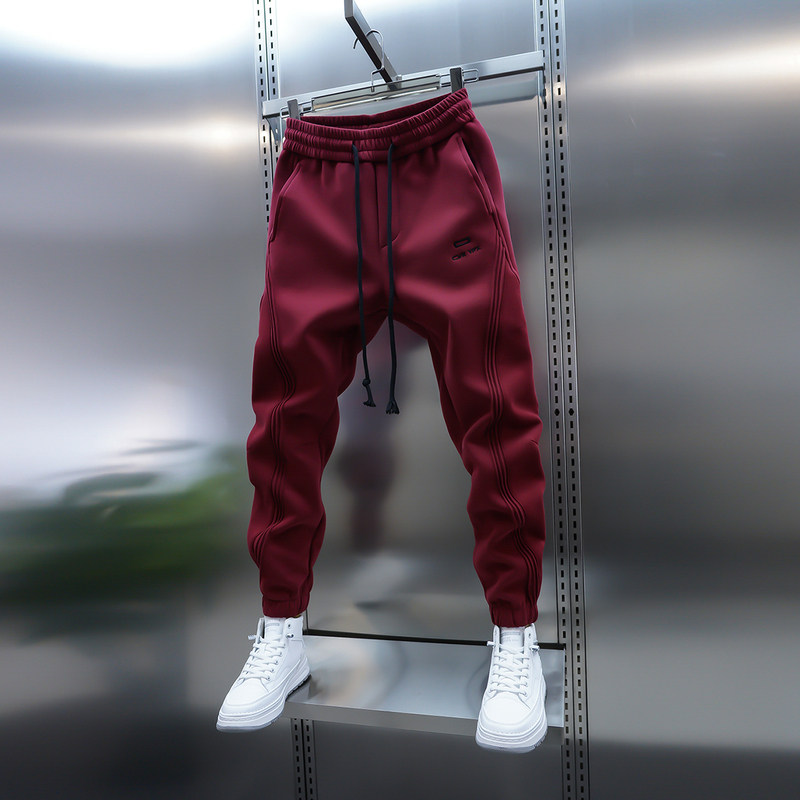 仓树一石本命年休闲裤男冬季加绒运动卫裤拼接束脚潮流百搭小脚裤