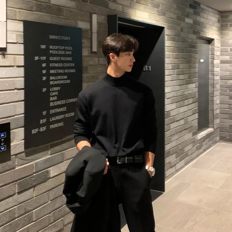 仓树一石2025年新款秋冬韩版黑色半高领毛衣男士打底衫圆领毛衫潮