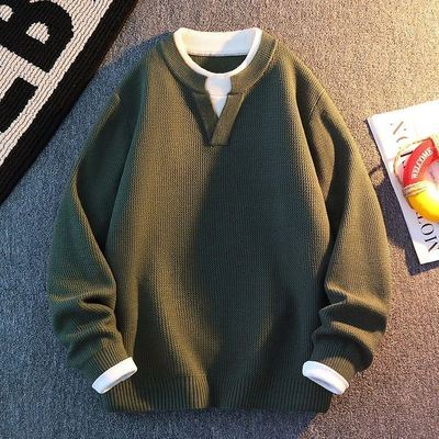 仓树一石潮牌复古假两件设计V领毛衣男秋冬季百搭保暖针织打底衫
