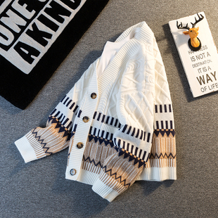 仓树一石潮牌高级感菱格纹毛衣开衫男秋冬款加厚宽松百搭针织外套