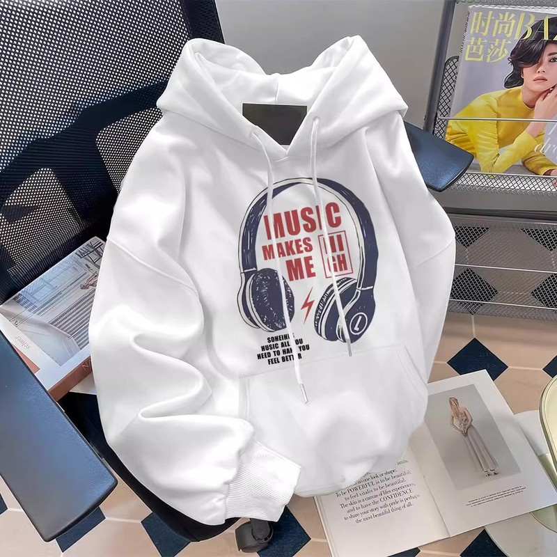 仓树一石耳机印花连帽卫衣男生重磅秋冬季百搭加绒加厚长袖上衣潮