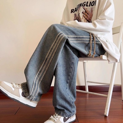 仓树一石美式牛仔裤男款2025秋冬季水洗加绒加厚侧边条纹长裤子男