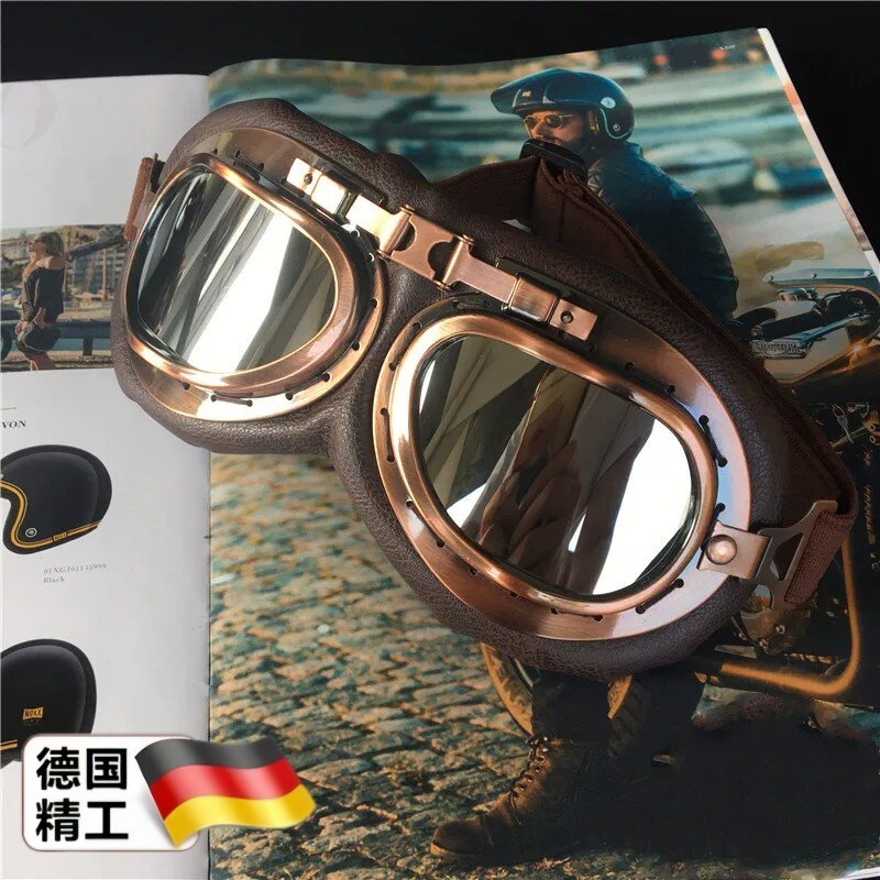 哈雷机车二战飞行员 复古做旧机车头盔风镜护目镜 骑士棕太阳眼镜