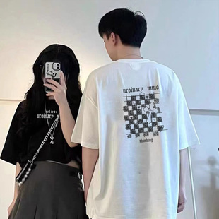 黑白棋盘经典 清新ins风小众自然显高显瘦圆领印花T恤 时尚 原创短袖
