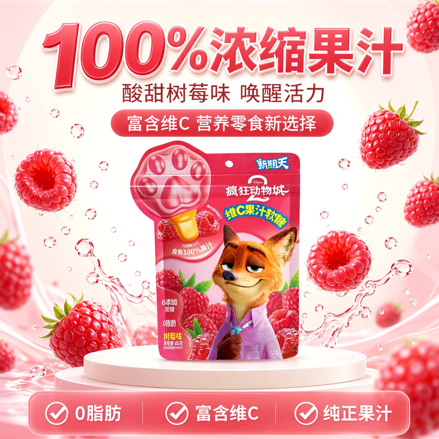 新期天疯狂动物城糖果奖励学生零食树莓味维C果汁软糖mini棒棒糖
