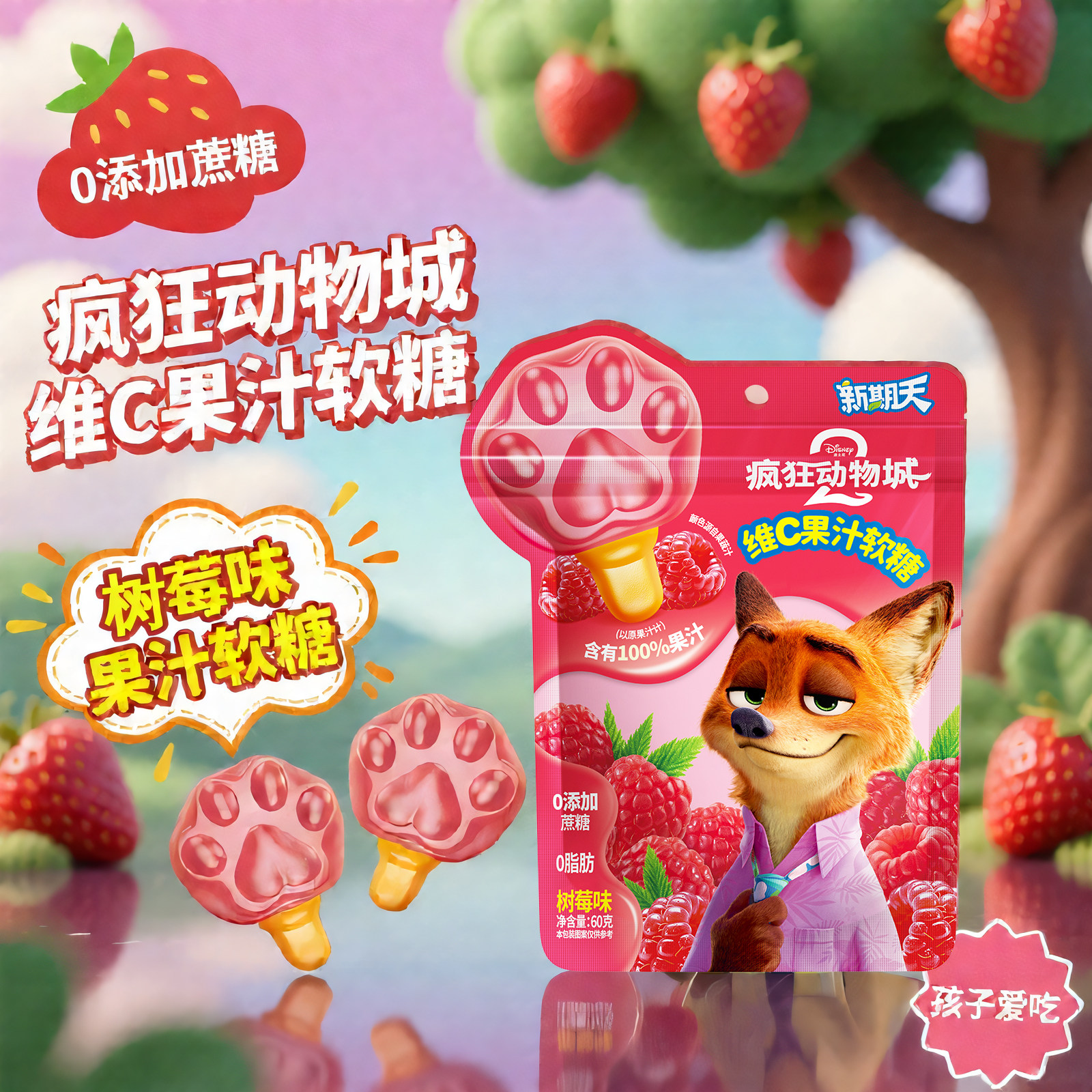 新期天疯狂动物城联名树莓味棒棒软糖儿童便宜又好吃的网红小零食