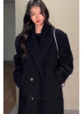 2025冬季新款白鹅绒黑色大衣女长款羽绒内胆西装加厚羊绒毛呢外套