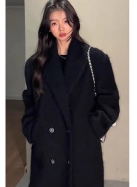 2025年新款黑色羽绒内胆大衣女冬季高级感长款加厚西装式毛呢外套