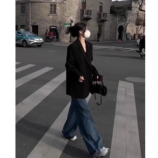 外套女高级感炸街宽松休闲chic西服 黑色正肩西装 2025春秋新款 韩版