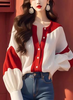 拼色灯笼袖雪纺衬衫秋装女款2025年爆款设计感超好看开衫法式上衣
