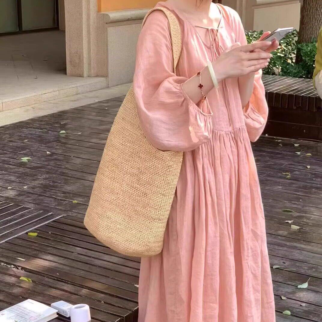 粉色棉麻洋装2026早秋新