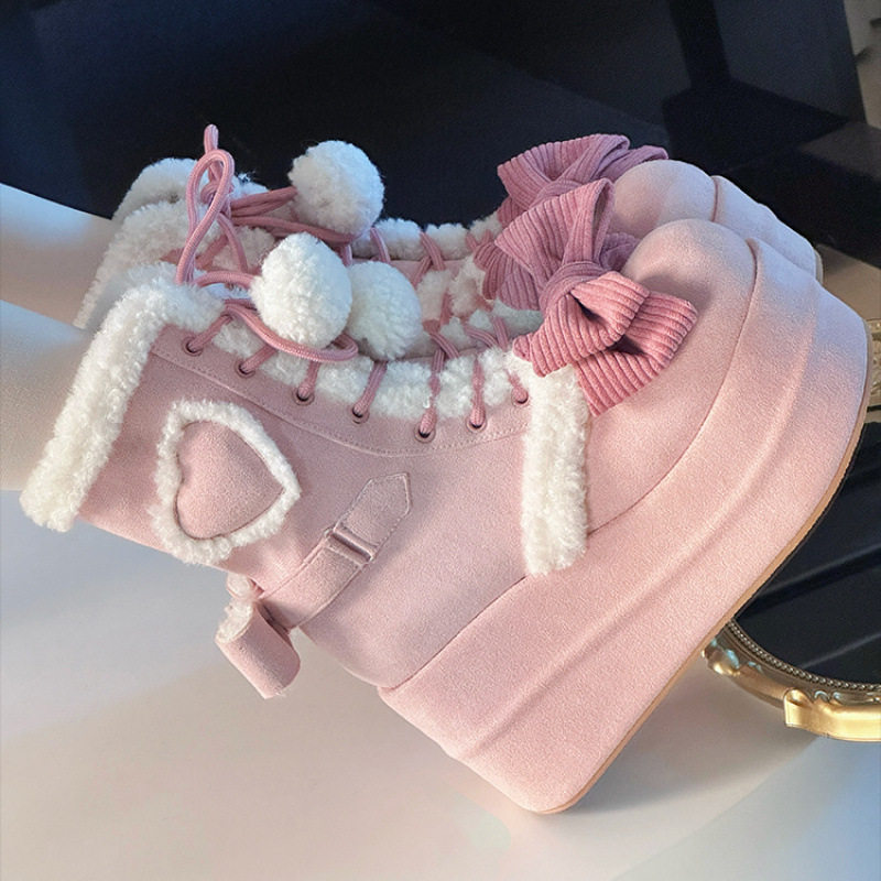 秋冬新款Lolita鞋子鞋lolita厚底甜美软妹可爱毛球靴子棉鞋冬季女