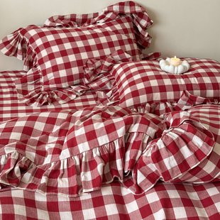 法式复古丨全棉双层纱四件套 少女心红色格子大花边纯棉床上用品