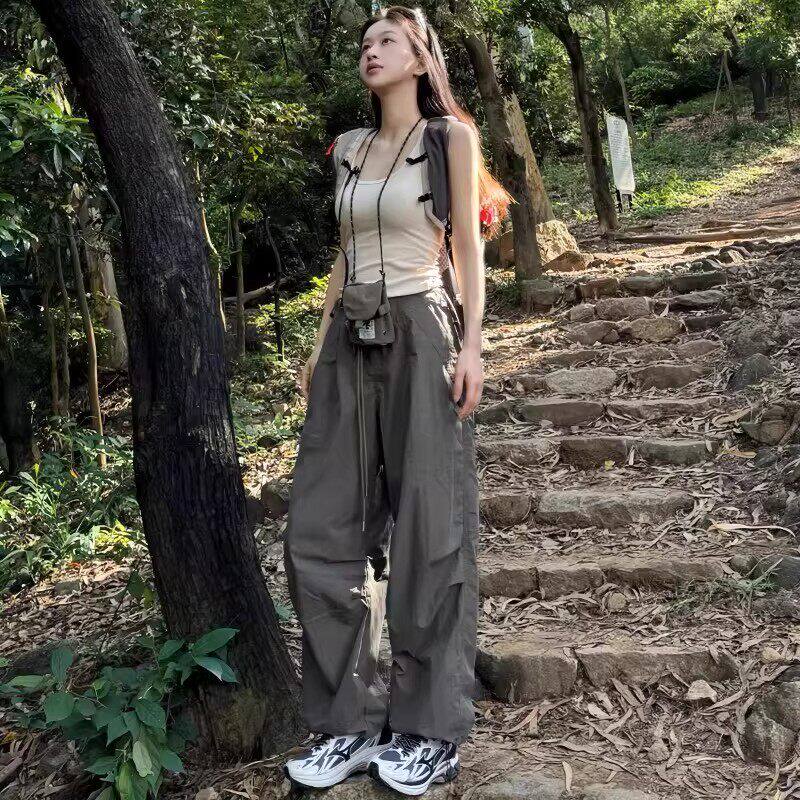 韩国Uamtor美式降落伞工装裤女夏季薄款高腰宽松垂感速干运动裤子
