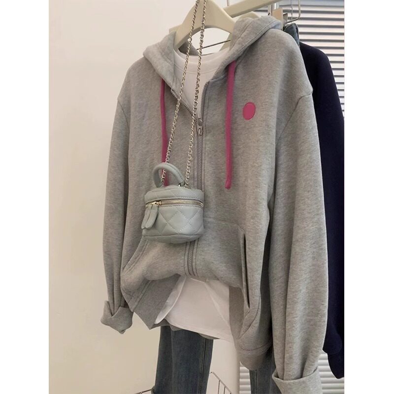 MDCW米兰风灰色慵懒风连帽卫衣外套女秋冬季2025爆款休闲拉链开衫
