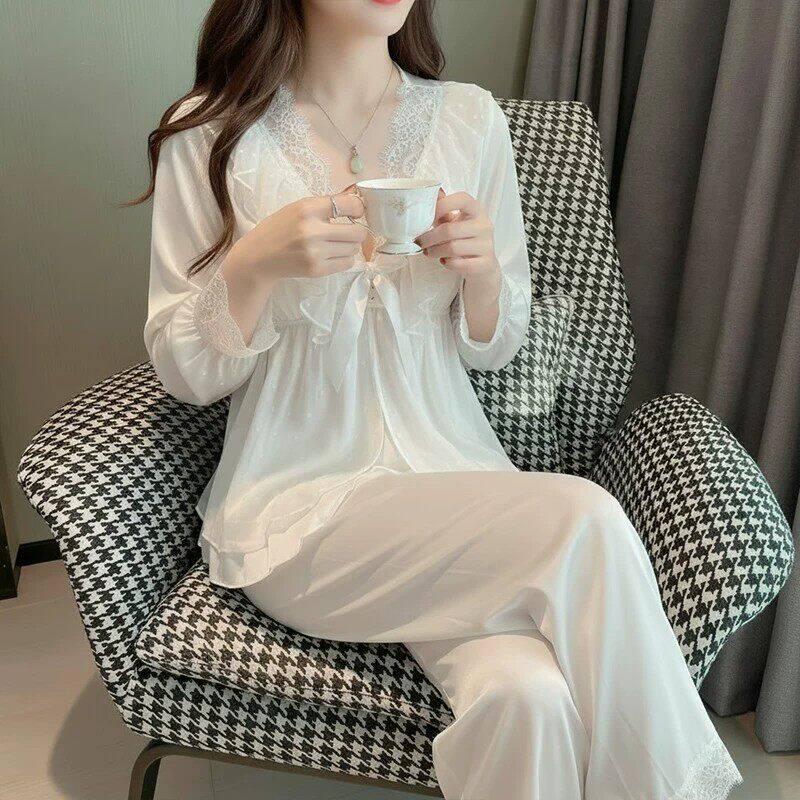 维多利亞的宣言真丝睡衣女2026春季新款V领花边长袖家居服套装