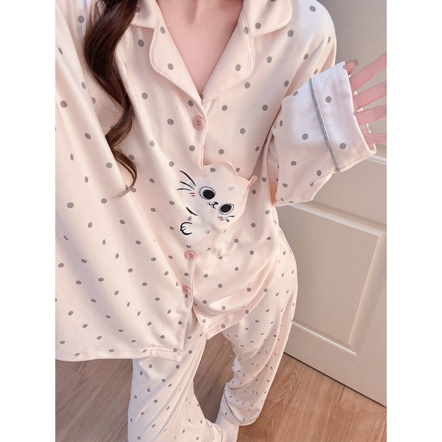 维多利亞德绒秋冬季天女可爱波点睡衣保暖家居服可外穿薄绒套装女