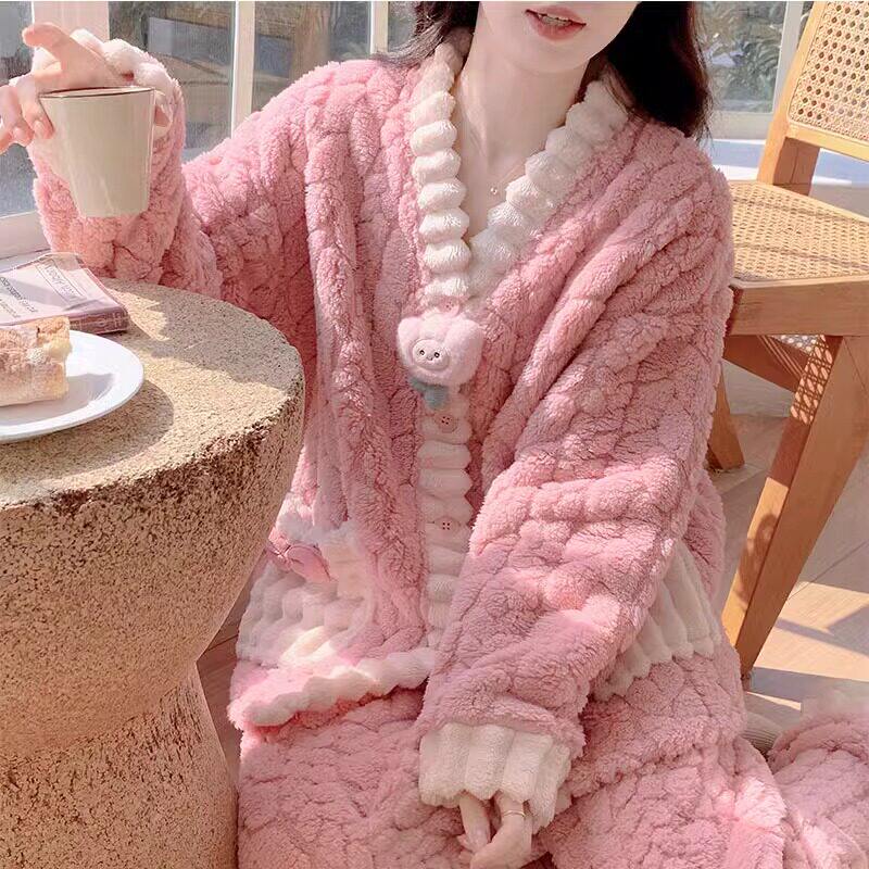 英国Victorai睡衣女秋冬加厚加绒甜美小香风少女家居服珊瑚绒睡衣