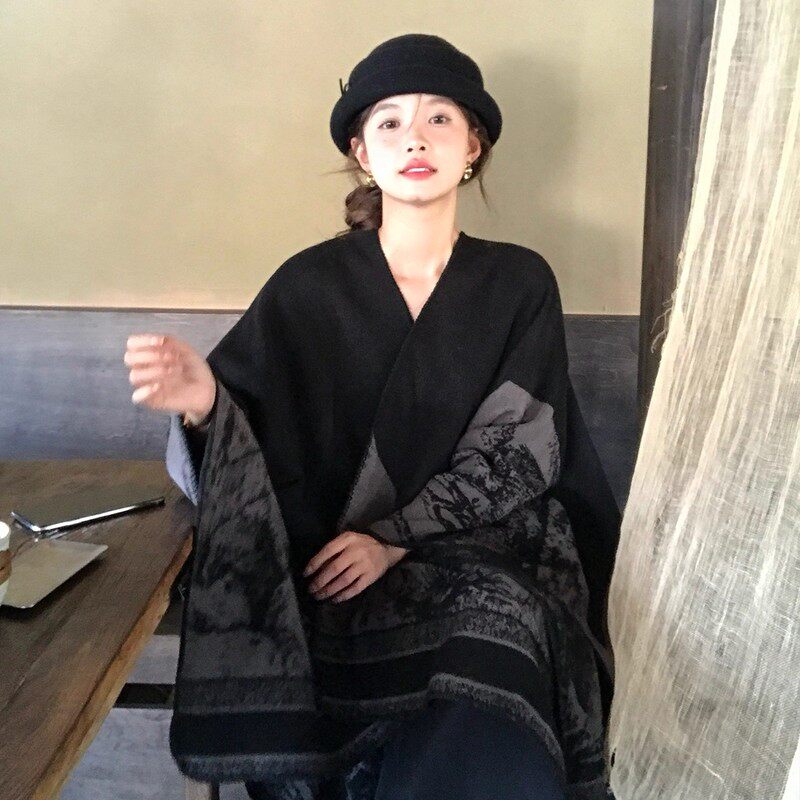 DHWA『东方美学』高品质羊绒国风大披肩女秋冬款开叉斗篷披风围巾