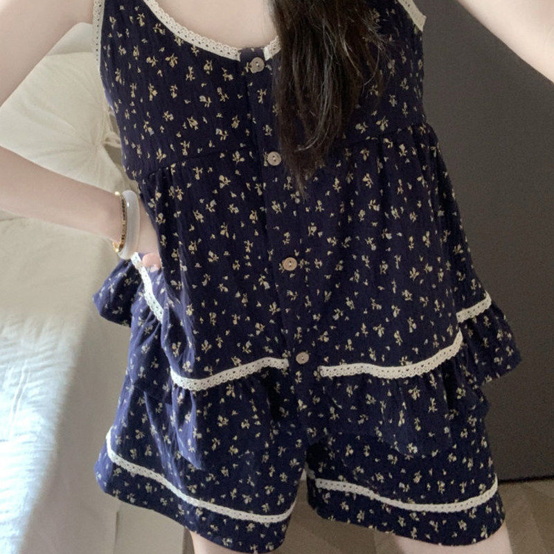 维多利亞带胸垫睡衣女夏季云朵棉质感高级感可外穿碎花家居服套装
