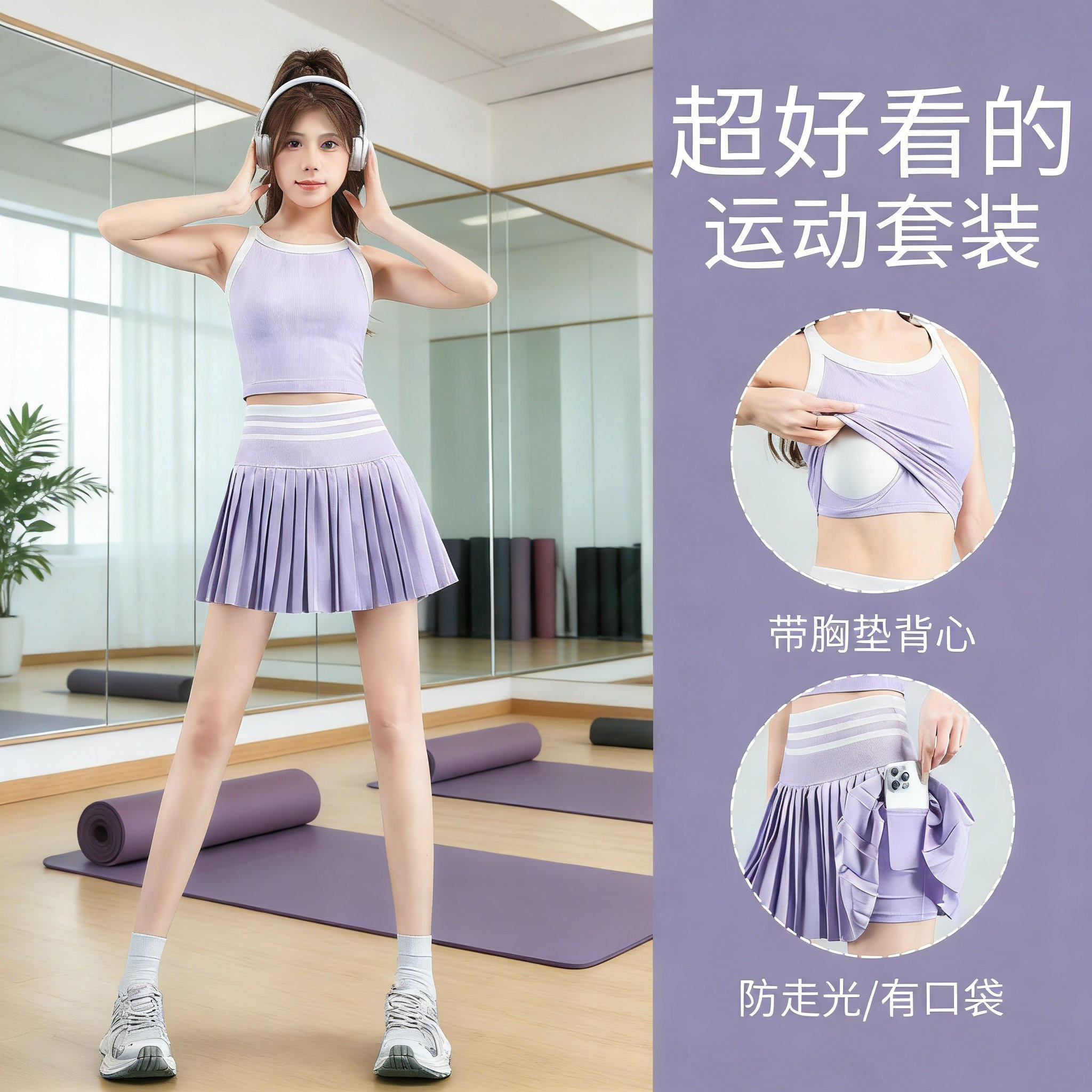 NextLori运动套装女夏季网球羽毛球健身服高腰百褶短裙带口袋速干