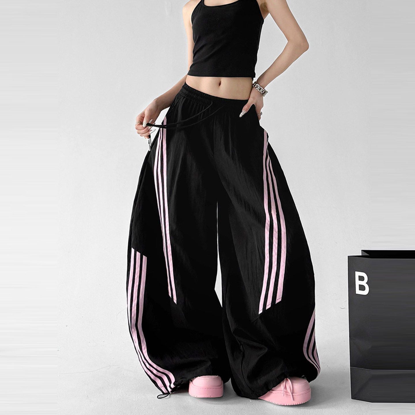 Adre黑色运动裤女薄款工装裤2026夏季美式高腰宽松显瘦速干阔腿裤