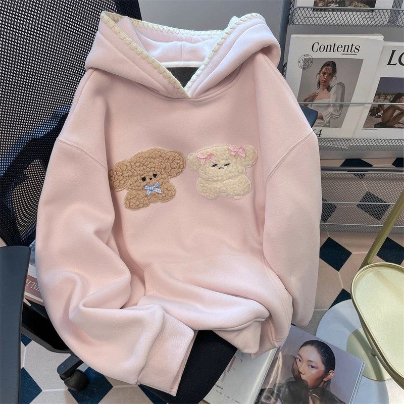 英国DGKP韩系慵懒风植绒刺绣狗狗卫衣女春秋季可爱连帽上衣