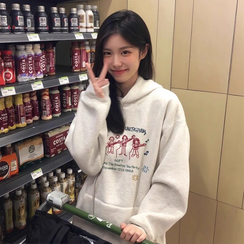 NextLori白灰色连帽卫衣女春秋2025新款长袖外套加绒加厚秋冬上衣