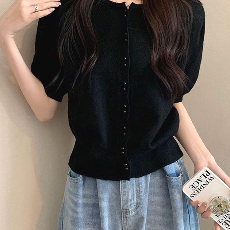 法国MDCW 钉珠单排扣短袖t恤女夏季针织上衣遮肚子显瘦洋气泡泡袖