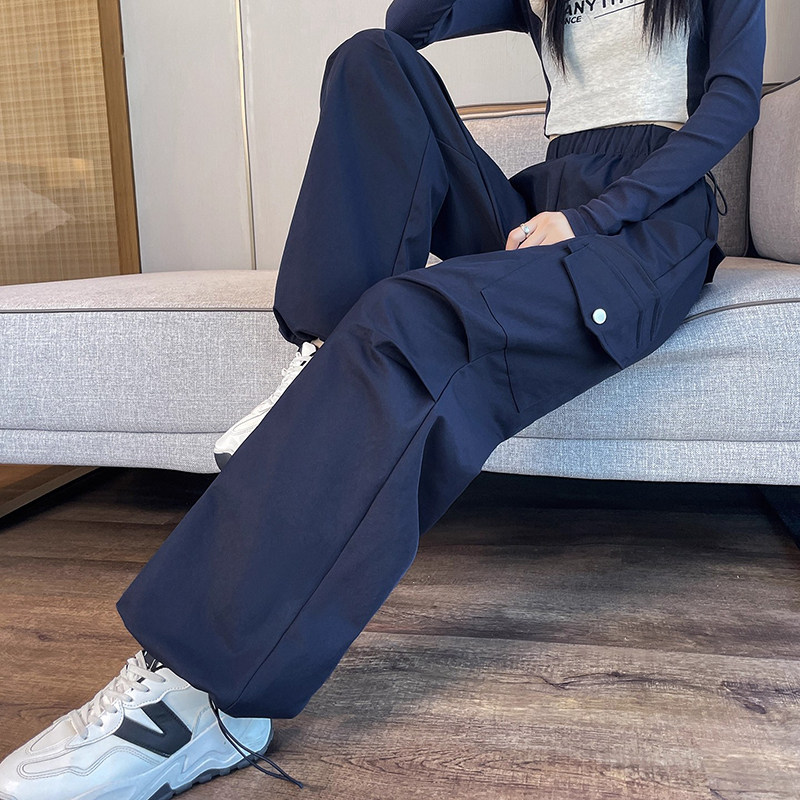 韩国Uamtor藏蓝色美式工装裤女士秋季2025新款休闲束脚阔腿运动裤