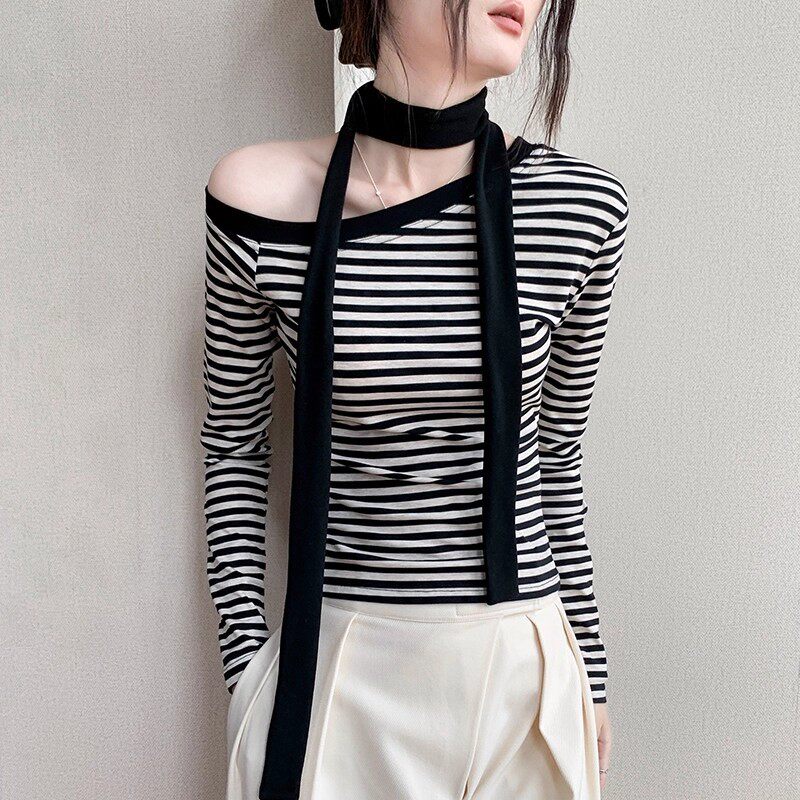 英国DHWA斜肩条纹长袖T恤女款春秋季修身内搭打底衫上衣