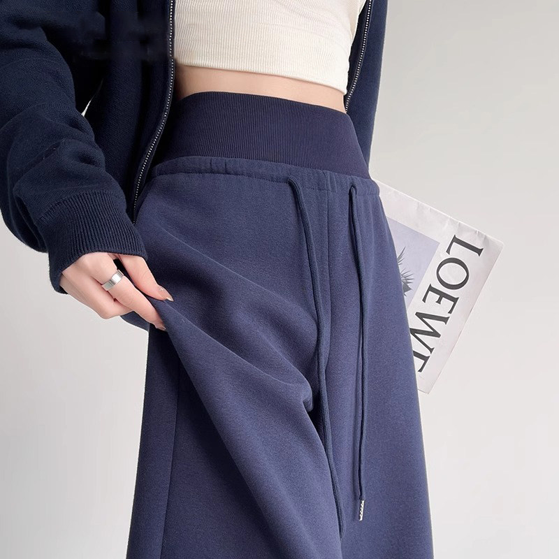 英国DGKP藏青色运动裤女2025秋冬新款加绒高腰宽松阔腿休闲裤子