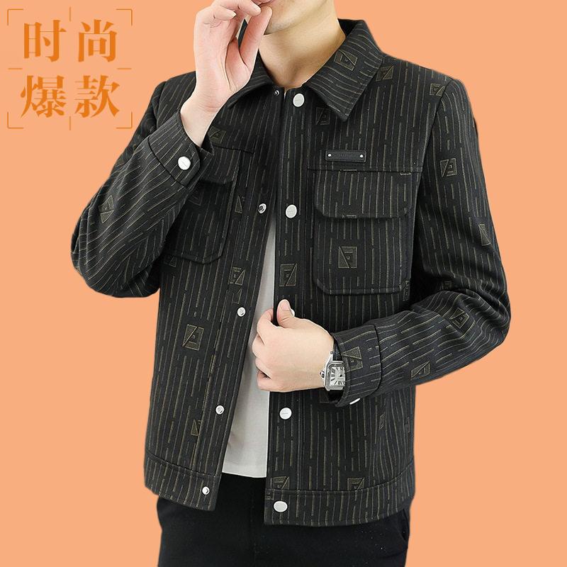 夹克衫中青年春秋男式翻领条纹潮