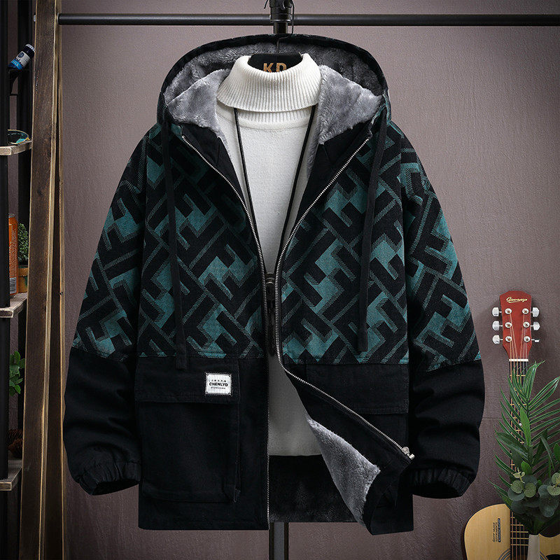 爆款秋冬男款韩版秋冬新款加绒连帽牛仔拼接棉衣夹克-青潮男装
