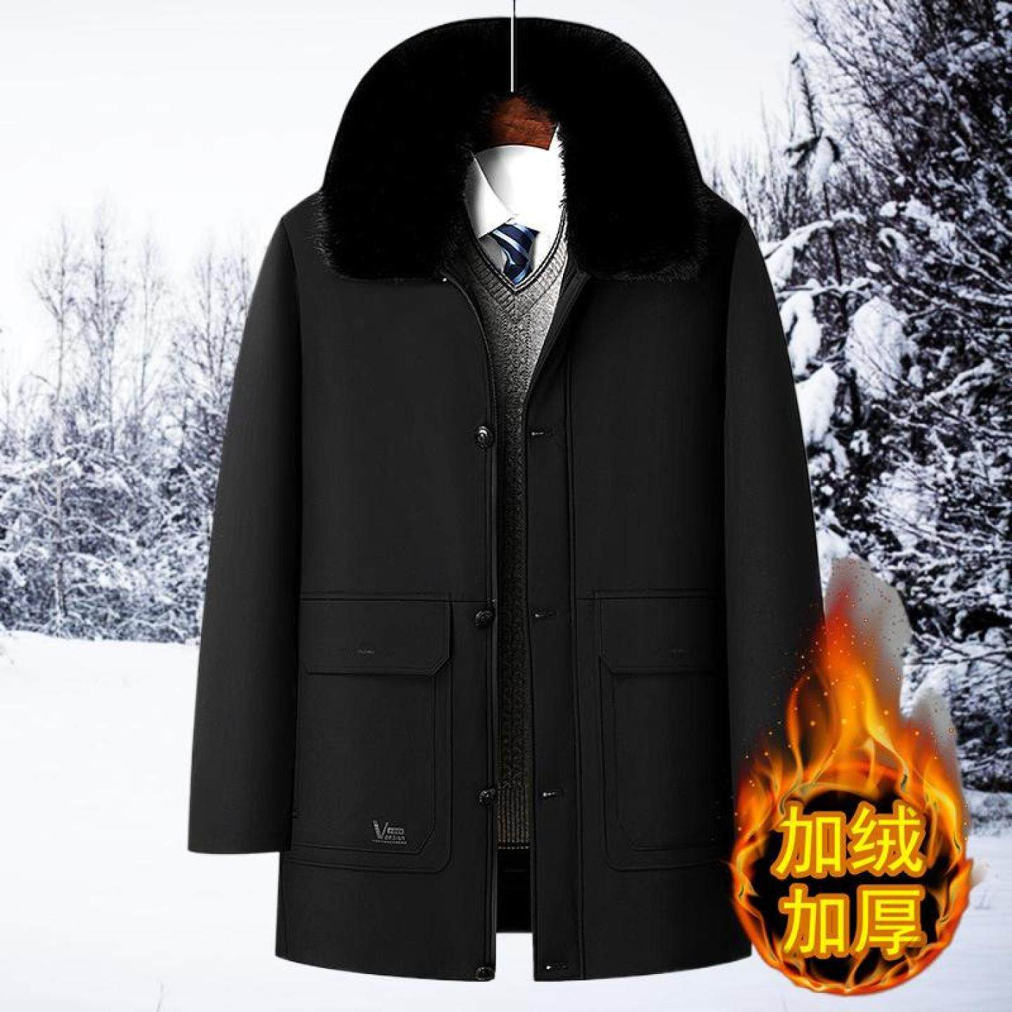 爷爷加厚中长冬装棉衣中老年老人男款脱卸内胆外套爸爸加绒装