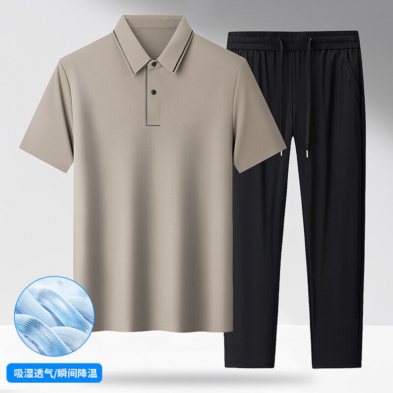 男士夏季冰丝套装中年爸爸夏装短袖t恤中老年男装裤子两件套