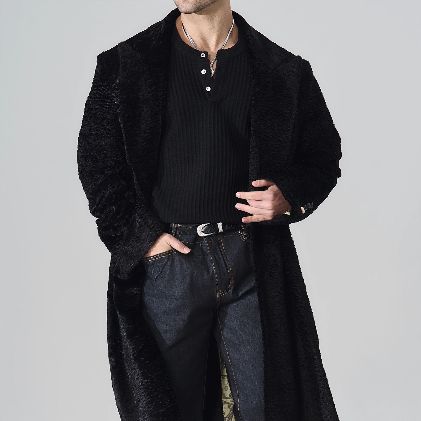 老钱风黑色水波纹进口醋酸大衣