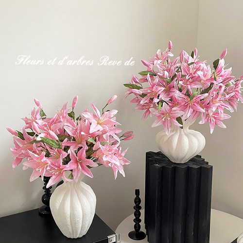 法式高档百合仿真花假花干花客厅餐桌玄关花束诧寂风花瓶艺术摆件