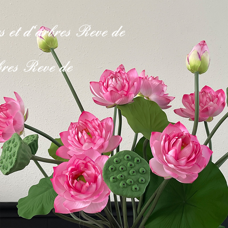 江南中式荷花开并蒂仿真花莲蓬荷叶造景寺院插花假花佛堂供奉摆设