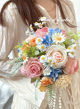 莫奈花园焦边玫瑰手捧花假花仿真花小众订婚宴领证结婚礼花束定制