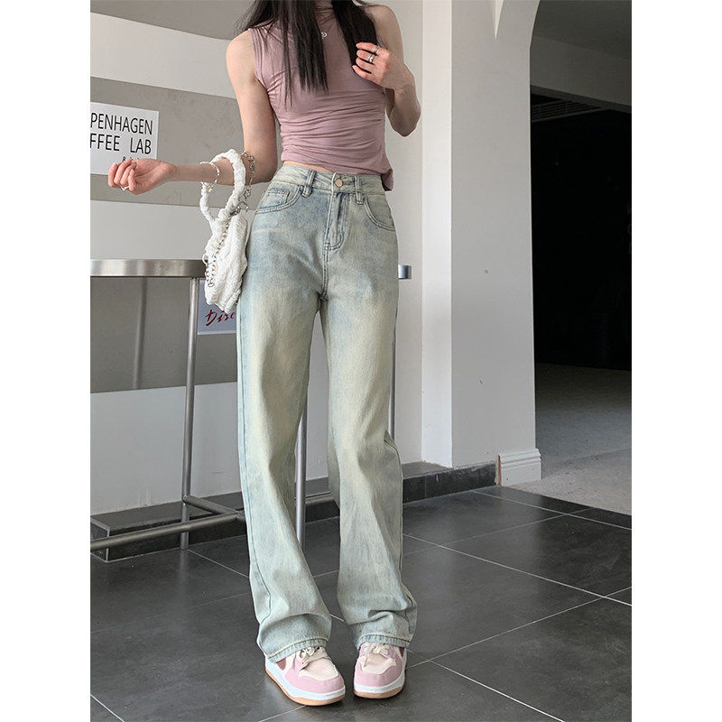浅色窄版阔腿牛仔裤女小个子夏季新款高腰宽松2025直筒拖地裤子薄