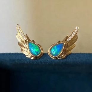 天使之翼澳洲欧泊拉丝耳钉18K金镶嵌珠宝宝石赠证书包邮支持复检