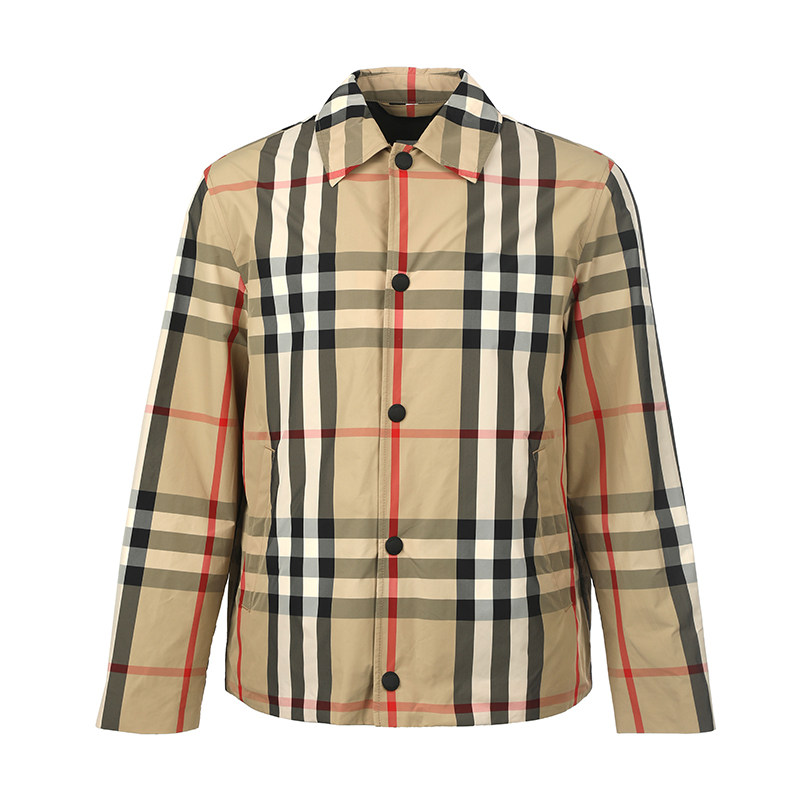 burberry/博柏利男士卡其色格纹衬衫领系扣春秋夹克外套