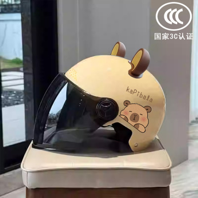 呆萌熊帽檐款电动车3C认证夏双镜款摩托车半盔四季通用电瓶车安全