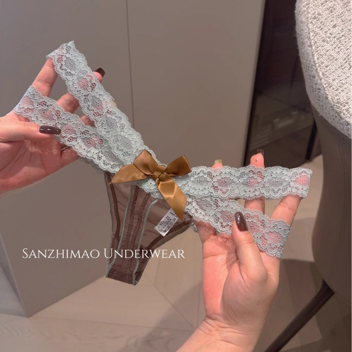 欲姬腰精性感蕾丝丁字裤女生低腰无痕网纱蝴蝶结细带T字内裤少女